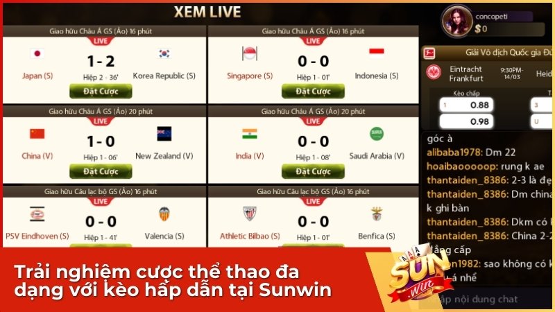 Trải nghiệm cá cược thể thao đa dạng với tỷ lệ kèo hấp dẫn tại Sunwin.